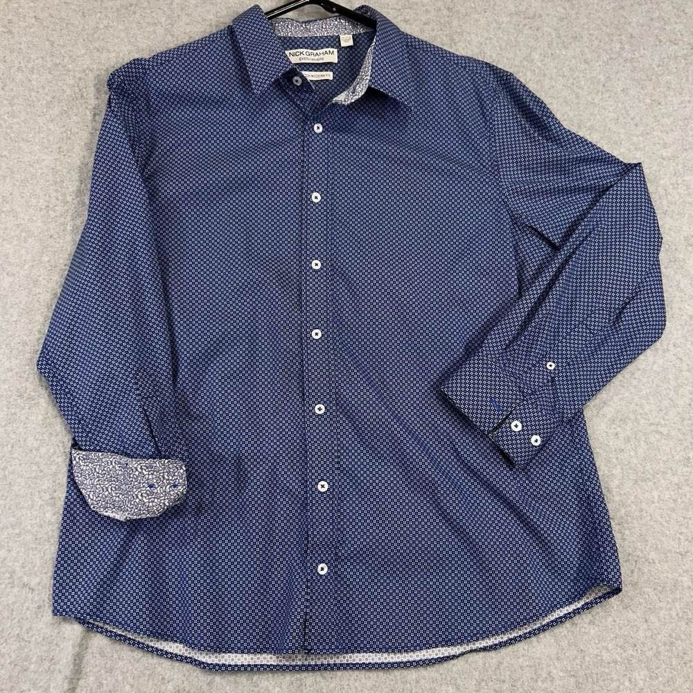 Nick Graham Everywhere Men 2XL Blue Pattern Stretch Modern Fit Shirt Long Sleeve